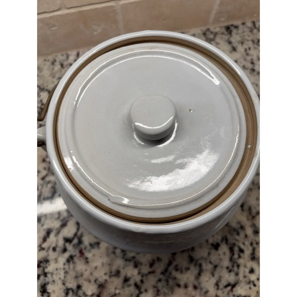 Vintage Monmouth Cookie Jar Stoneware Pottery With Lid & Bail Handle Made In USA